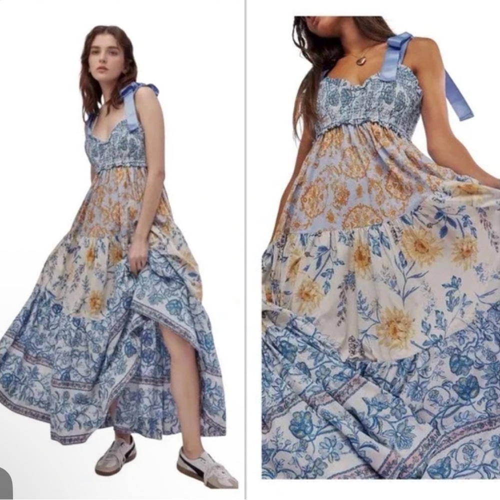 Free People Bluebell Satin Floral Tie-Strap Maxi Dress